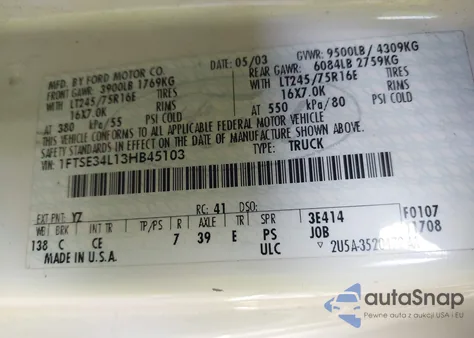 2003 Ford E-350 Super Duty Commercial/Recreational from USA, damaged, VIN 1FTSE34L13HB45103